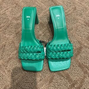 Green braided square toe Zara mules slip on heels